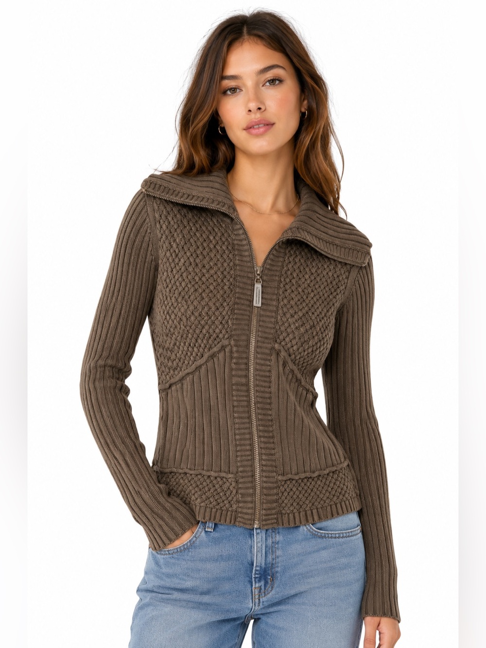 DKNY Jeans Mixed Knit Zip Up Cardigan Sweater Brown Medium M Y2K